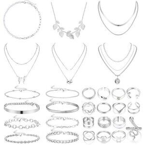Silver Elegance Jewelry Set –Assorted Necklaces, Bracelets, and Rings Collection